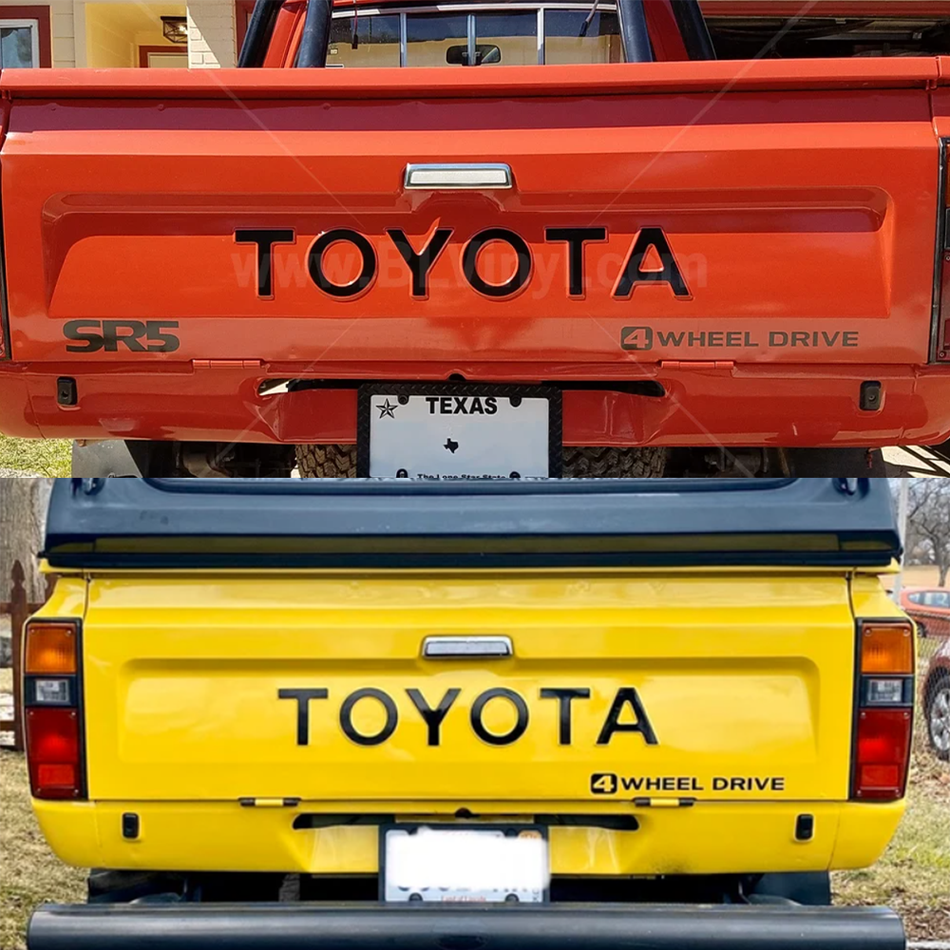 Gloss black TOYOTA tailgate lettering decal for 1979-83 Toyota Pickup center-latch tailgate