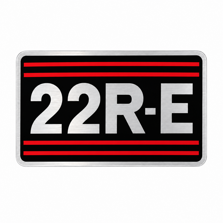OEM-style brushed aluminum 22R-E valve cover decal with red and black accents