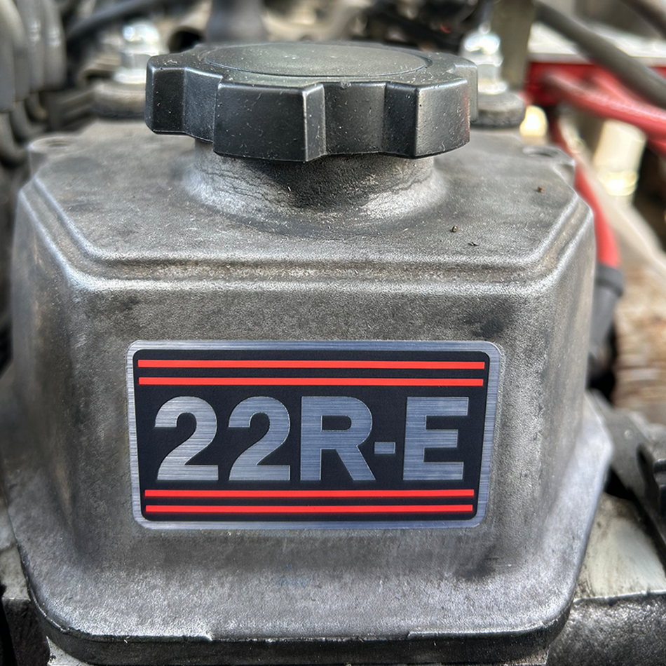 OEM-style 22R-E decal installed on a Toyota 22RE valve cover
