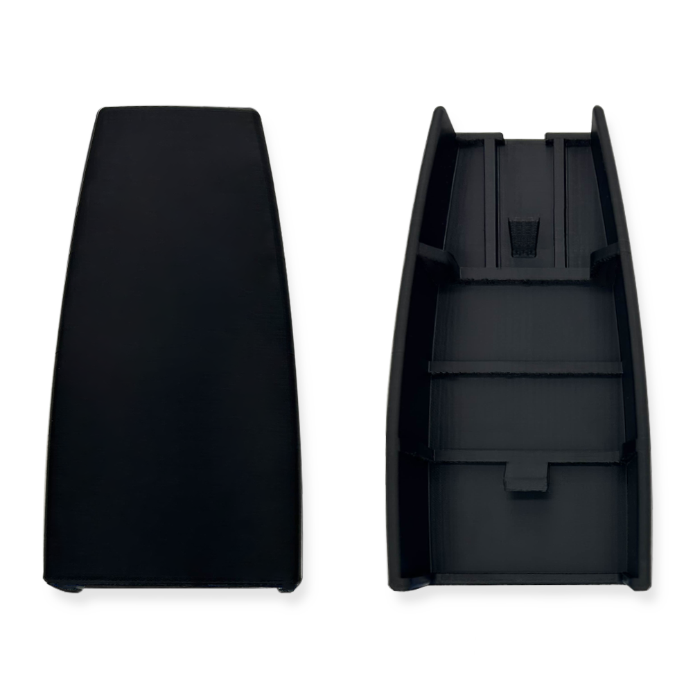 Black rear seat hinge cover, front and back views, for 1984-89 Toyota 4Runner