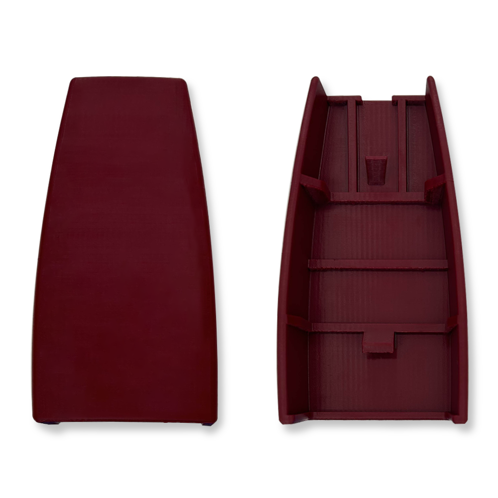 Red rear seat hinge cover, front and back views, for 1984-89 Toyota 4Runner