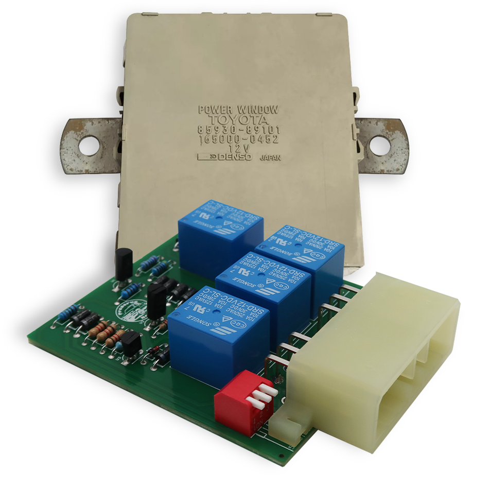 Rear window control module circuit beside the factory housing and bracket, which are not included
