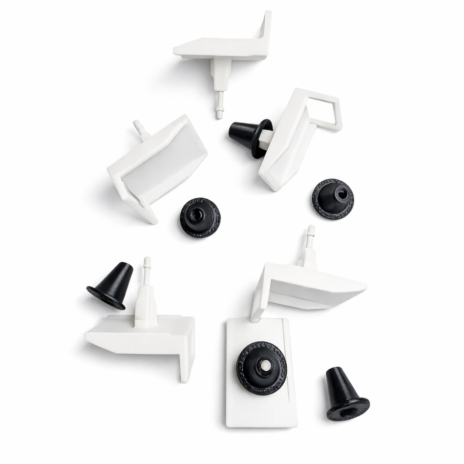 Five white rocker panel retainer clips with five black TPU grommets