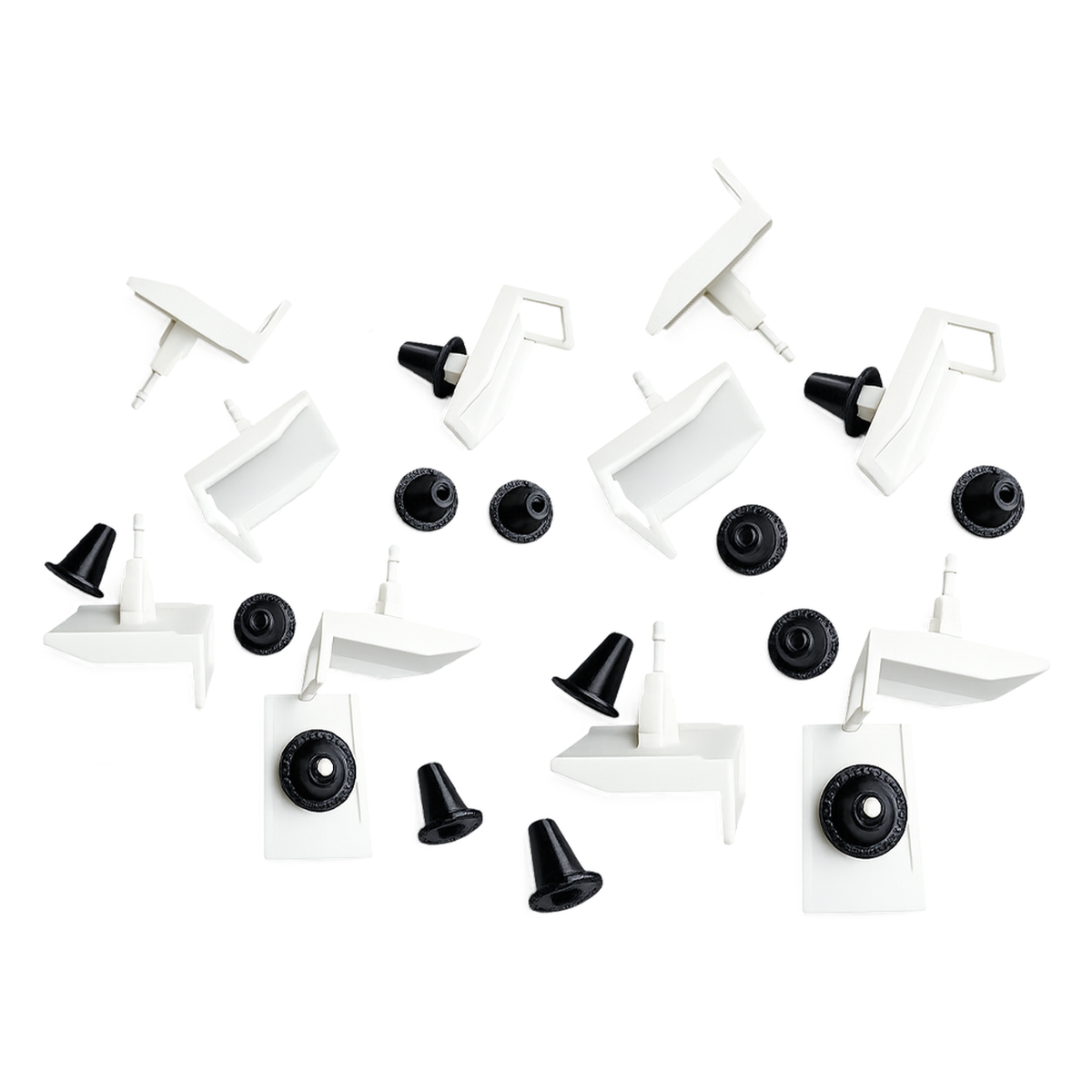 Ten white rocker panel retainer clips with ten black TPU grommets