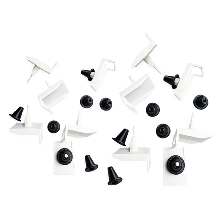 Ten white rocker panel retainer clips with ten black TPU grommets