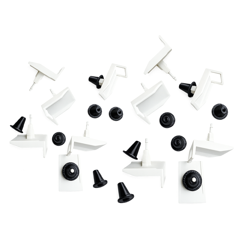 Ten white rocker panel retainer clips with ten black TPU grommets