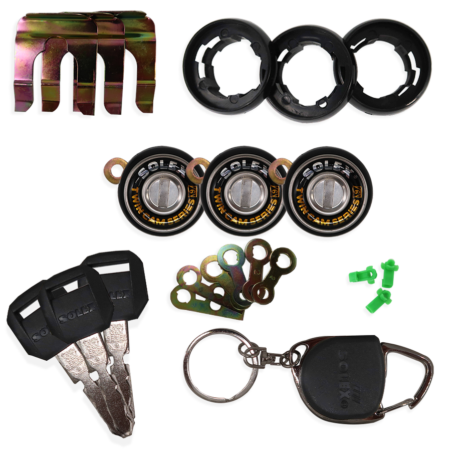 SOLEX TWINCAM lock cylinders, keys, lock arms, cases, clips, and rod fittings