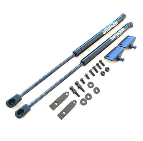 Spiker Engineering bolt-on hood strut kit with dual gas struts, brackets, and hardware