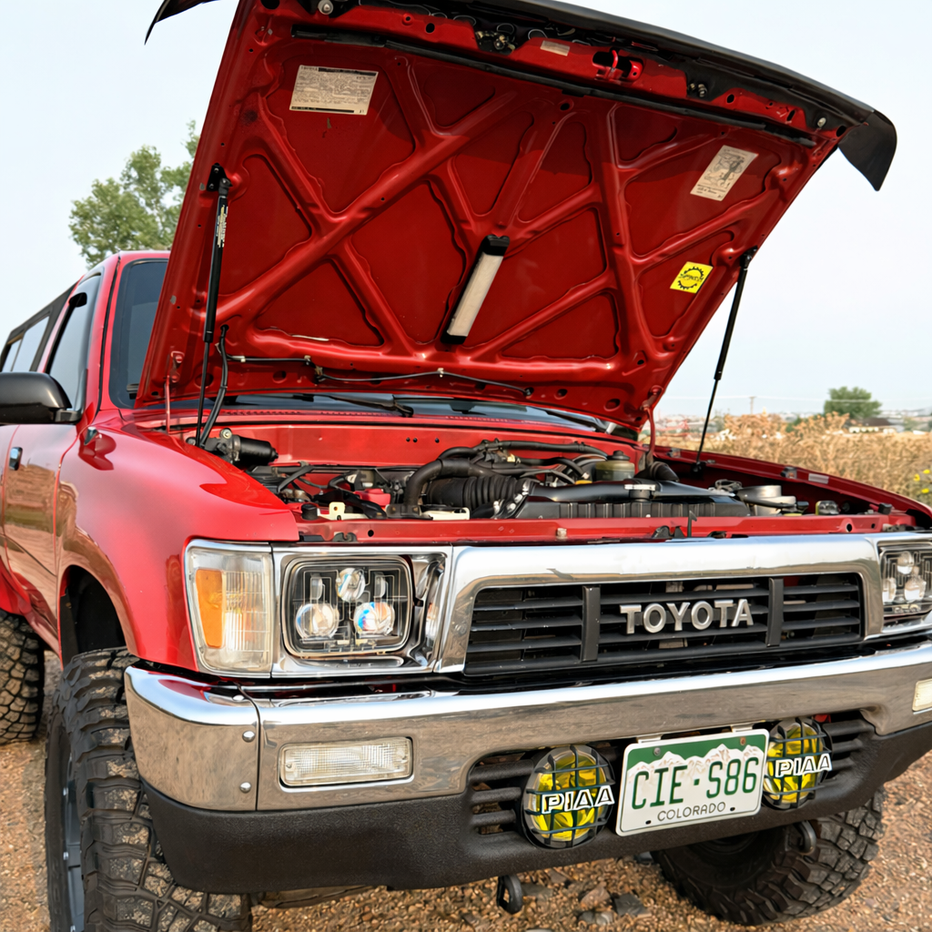 Spiker Engineering bolt-on hood strut kit installed on Toyota hood