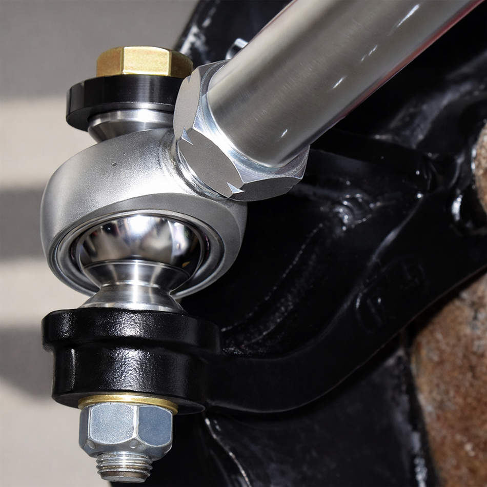 Total Chaos heim joint tie rod installed at the inner steering connection